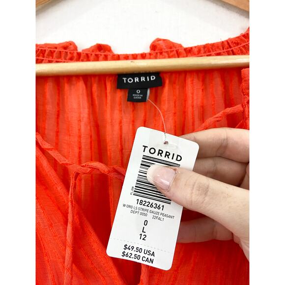 NEW Torrid Orange Stripe Gauze Lace-Up Peasant Top size 12 Boho Cottage - Picture 5 of 8